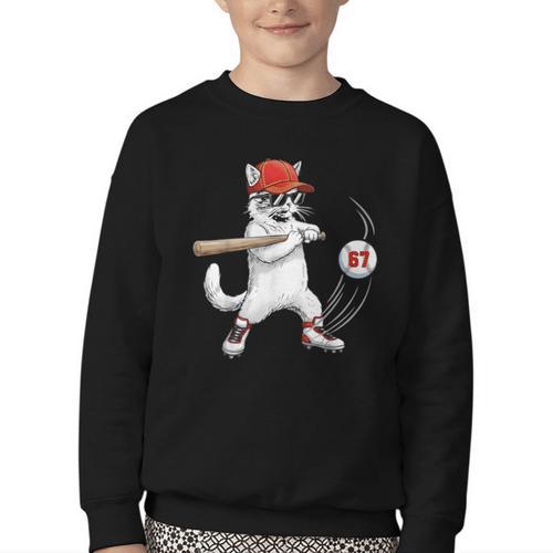 Six Seven 67 Baseball Cat Birthday Men Kids Boys Youth Crewneck Sweatshirt - Sportilla
