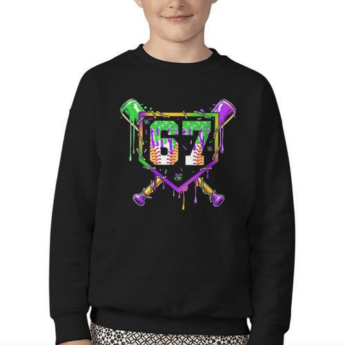 Six Seven Mardi Gras Baseball Sports Party Youth Crewneck Sweatshirt - Sportilla