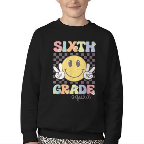 Sixth Grade Squad Smile Face 6th Grade Back To School Youth Crewneck Sweatshirt - Savourry