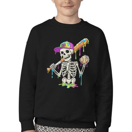 Skeleton Baseball Drip Boys Ice Cream Drip Youth Baseball Youth Crewneck Sweatshirt - Sportilla