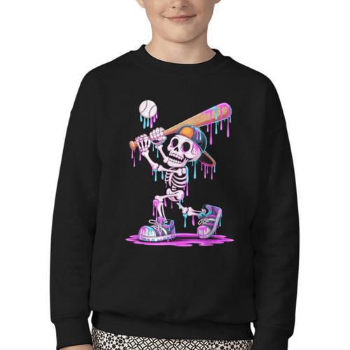 Skeleton Baseball Drip Boys Youth Kids Halloween Youth Crewneck Sweatshirt - Sportilla