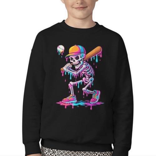 Skelton Playing Baseball Halloween Baseball Drip Boys Kids Youth Crewneck Sweatshirt - Sportilla