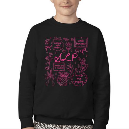 SLP Love Inspire Teach Pink Bow Back To School Youth Crewneck Sweatshirt - Savourry