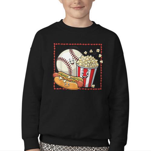 Smiling Baseball Popcorn And Hot-Dog Cartoon Apparel Youth Crewneck Sweatshirt - Sportilla