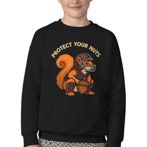 Squirell Baseball Catcher Player Joke Tee Protect Your Nuts Youth Crewneck Sweatshirt - Sportilla