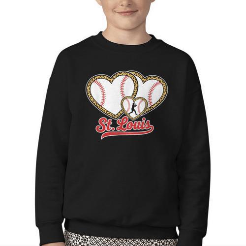 St Louis Leopard Heart Baseball Batter Boys Fan Youth Crewneck Sweatshirt - Sportilla