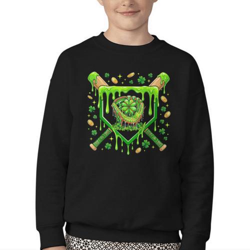 St Patricks Day Baseball Ice Cream Shamrock Baseball Player Youth Crewneck Sweatshirt - Sportilla