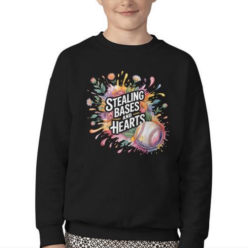 Stealing Bases And Hearts Baseball Puns Sports Youth Crewneck Sweatshirt - Sportilla