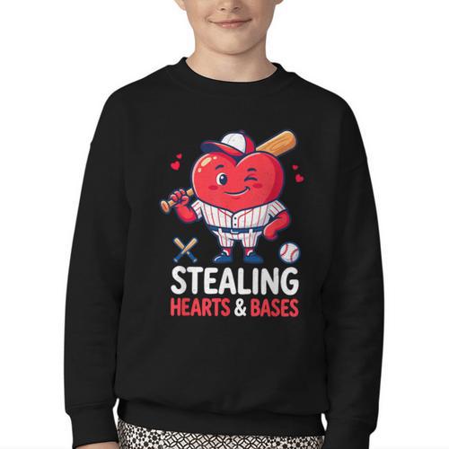 Stealing Hearts And Bases Baseball Player Valentine's Day Youth Crewneck Sweatshirt - Sportilla