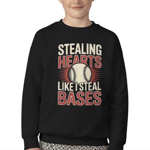 Stealing Hearts Like I Steal Bases Baseball Valentine Retro Youth Crewneck Sweatshirt - Sportilla