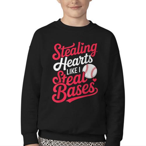 Stealing Hearts Like I Steal Bases Cute Baseball Boys Youth Crewneck Sweatshirt - Sportilla