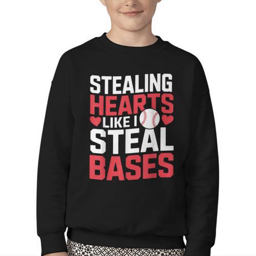 Stealing Hearts Like I Steal Bases Cute Baseball Kids Youth Crewneck Sweatshirt - Sportilla