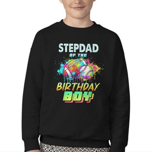 Stepdad Of The Birthday Boy Baseball Football Colorful Youth Crewneck Sweatshirt - Sportilla