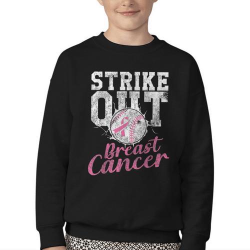 Strike Out Breast Cancer Baseball Warrior Youth Crewneck Sweatshirt - Sportilla