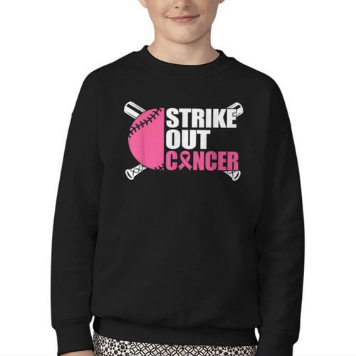 Strike Out Cancer Breast Cancer Awareness Baseball Warrior Youth Crewneck Sweatshirt - Sportilla