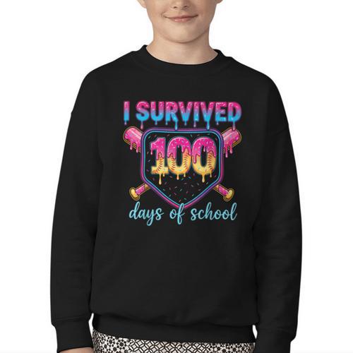 I Survived 100 Days Of School Baseball 100th Day Kids Girls Youth Crewneck Sweatshirt - Sportilla