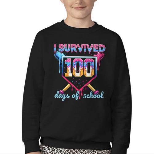 I Survived 100 Days Of School Baseball Boys Students Youth Crewneck Sweatshirt - Sportilla
