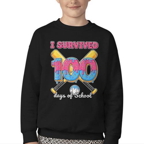 I Survived 100 Days Of School Baseball Cream Drip Boys Youth Crewneck Sweatshirt - Sportilla