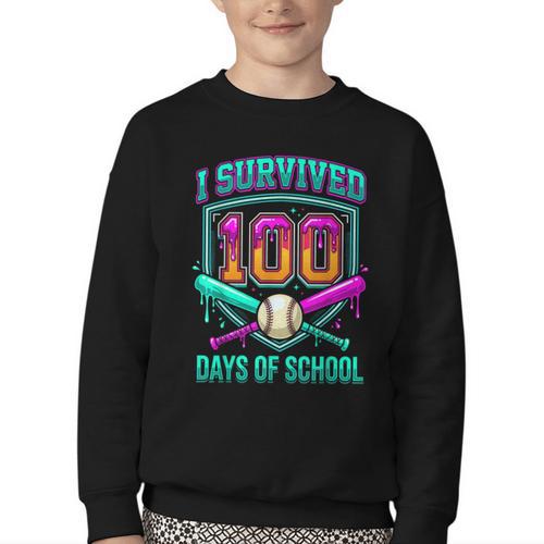 I Survived 100 Days Of School Baseball Drip Youth Crewneck Sweatshirt - Sportilla