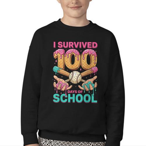 I Survived 100 Days Of School Baseball Ice Cream Drip Youth Crewneck Sweatshirt - Sportilla