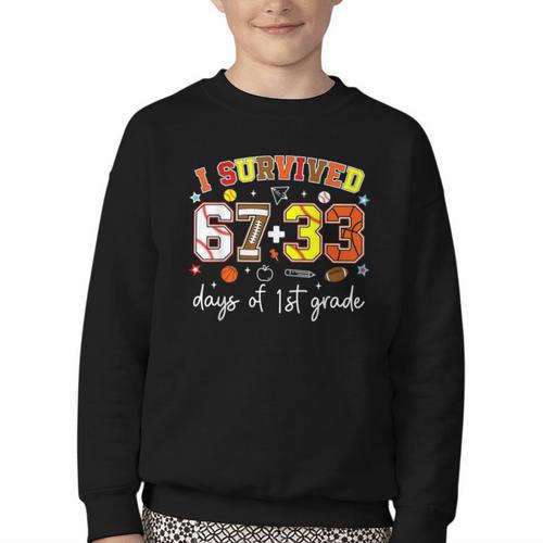 I Survived 6733 Days Of 1st Grade Baseball Football 100 Day Youth Crewneck Sweatshirt - Sportilla