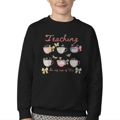 Teaching Is My Cup Of Tea Coquette Bow Floral Back To School Youth Crewneck Sweatshirt - Savourry