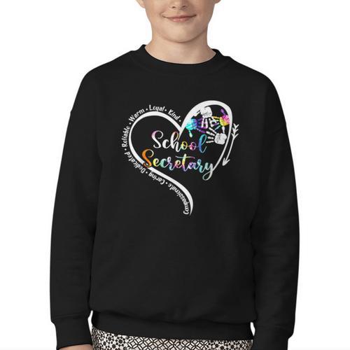 Tie Dye Heart School Secretary Life Tee Cute Back To School Youth Crewneck Sweatshirt - Savourry