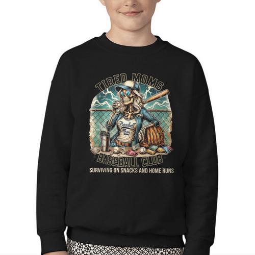 Tired Mom's Baseball Club Surviving On Snacks And Home Runs Youth Crewneck Sweatshirt - Sportilla