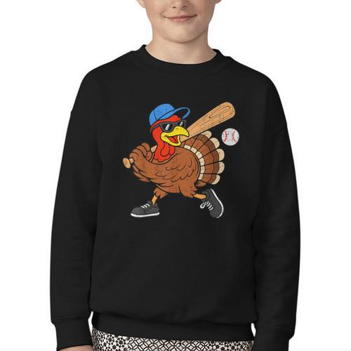 Turkey Baseball Thanksgiving Sports Humor Men Boy Kids Youth Crewneck Sweatshirt - Sportilla