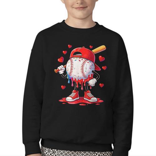 Valentine Baseball Heart Drip Sport Love Valentines Day Boys Youth Crewneck Sweatshirt - Sportilla