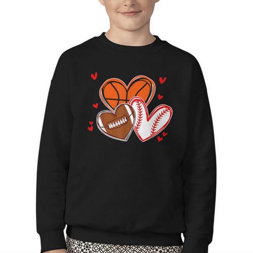 Valentines Baseball Basketball Football Heart Boy Men Youth Crewneck Sweatshirt - Sportilla