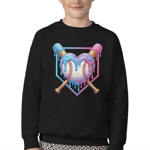 Valentines Baseball Heart Dripping Ice Cream Gen Z Alpha Youth Crewneck Sweatshirt - Sportilla