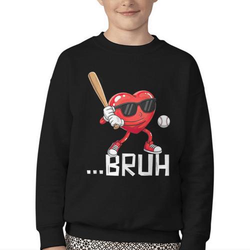 Valentines Bruh Red Heart Playing Baseball Men Boys Kids Youth Crewneck Sweatshirt - Sportilla