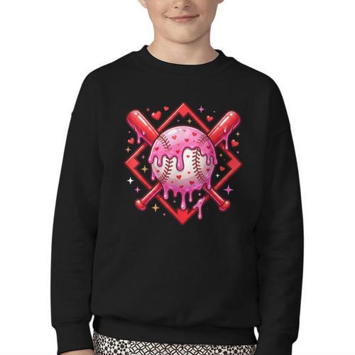 Valentines Day Baseball Boys Ice Cream Drip Heart Youth Kids Youth Crewneck Sweatshirt - Sportilla
