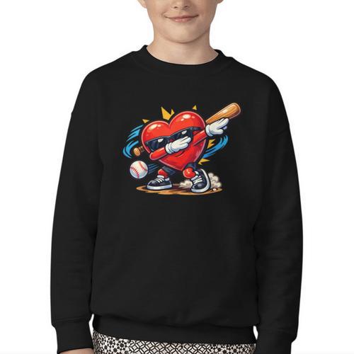 Valentines Day Baseball Dabbing Red Heart Love Boys Youth Crewneck Sweatshirt - Sportilla