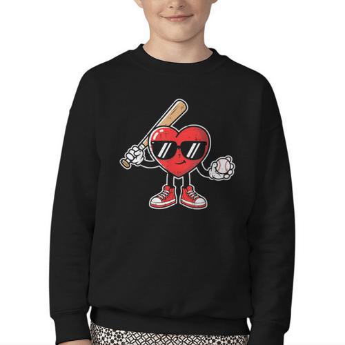 Valentines Day Heart Baseball Player Sports Boys Kids Men Youth Crewneck Sweatshirt - Sportilla