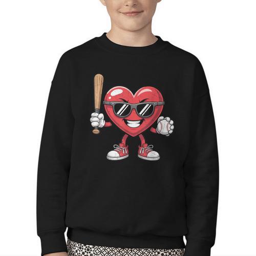 Valentines Day Heart Playing Baseball Boys Men Kids Girls Youth Crewneck Sweatshirt - Sportilla