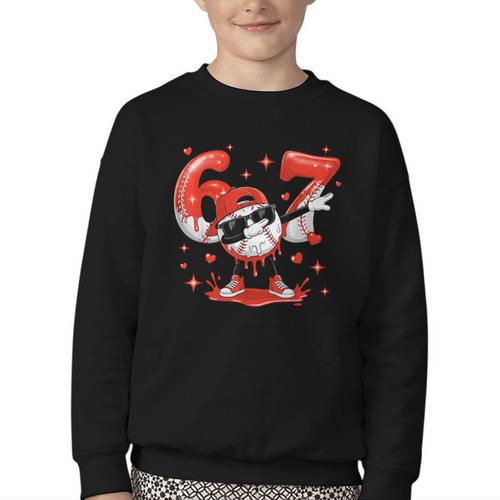 Valentines Day Six Seven Baseball 6 7 Meme Dab Heart Boys Youth Crewneck Sweatshirt - Sportilla