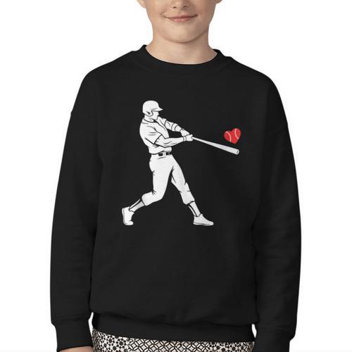 Valentines US Baseball Player Silhouette Heart Youth Crewneck Sweatshirt - Sportilla