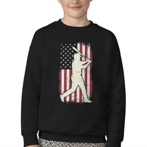Vintage American Flag Baseball Batter Patriotic Home Run Youth Crewneck Sweatshirt - Sportilla