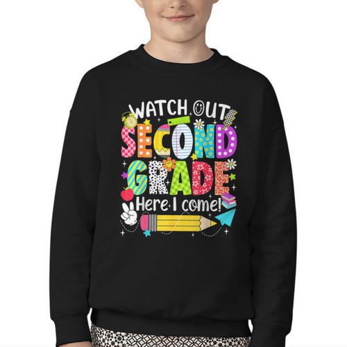 Watch Out Second Grade Here I Come Back To School Boys Girls Youth Crewneck Sweatshirt - Savourry