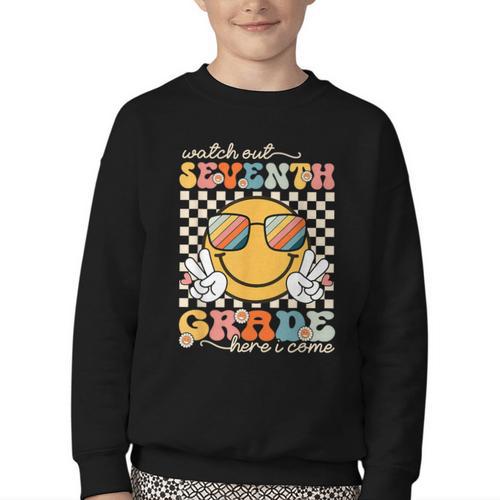 Watch Out Seventh Grade Here I Come Back To School 7th Grade Youth Crewneck Sweatshirt - Savourry