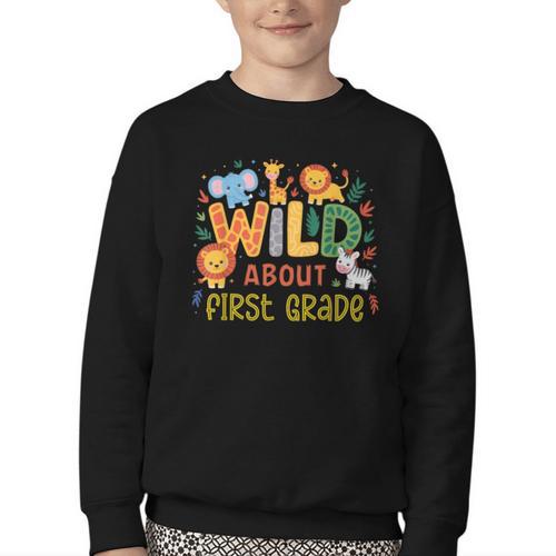 Wild About First Grade Safari Jungle Animals Back To School Youth Crewneck Sweatshirt - Savourry