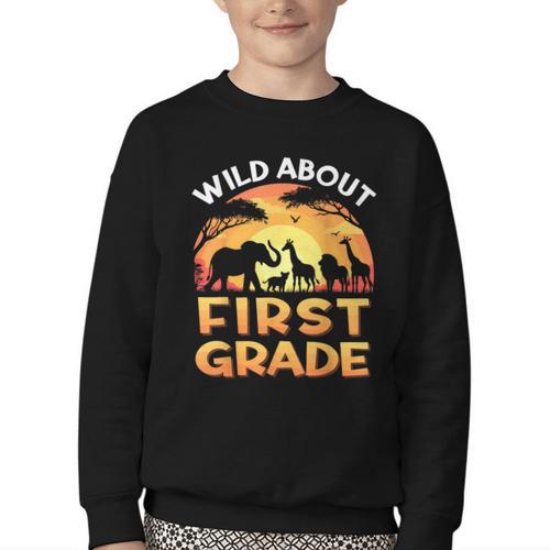 Wild About First Grade Zoo Animals Back To School Safari Youth Crewneck Sweatshirt - Savourry