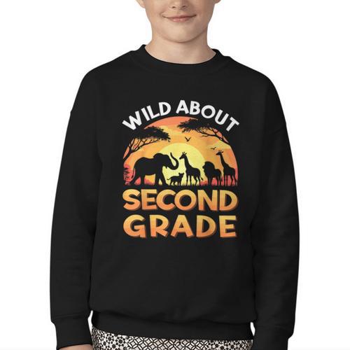Wild About Second Grade Zoo Animals Back To School Safari Youth Crewneck Sweatshirt - Savourry
