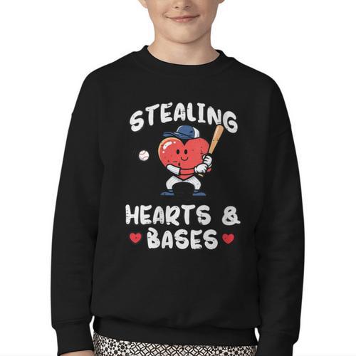 Women's Valentines Day Baseball Stealing Hearts Bases Boys Kids Men Youth Crewneck Sweatshirt - Sportilla