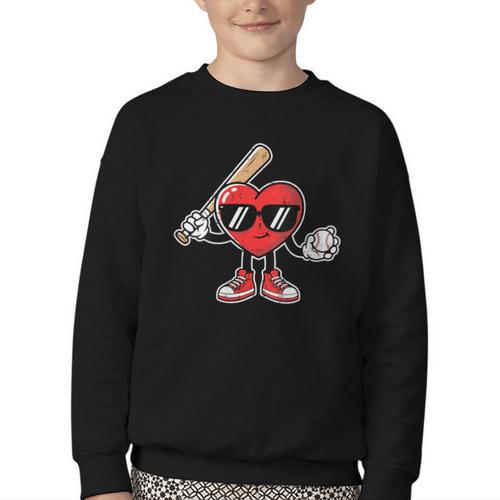 Women's Valentines Day Heart Baseball Player Sports Boys Kids Men Youth Crewneck Sweatshirt - Sportilla