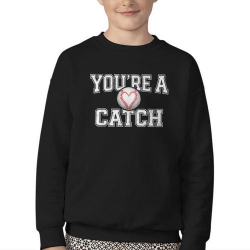 You'Re A Catch Baseball Pun Heart Kids Boys Valentines Youth Crewneck Sweatshirt - Sportilla