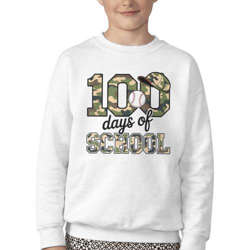 100 Days Of School Camo Baseball Camouflage For Kids Youth Crewneck Sweatshirt - Sportilla