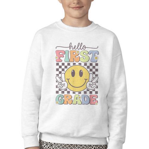 1st Grade Team Back To School Hello First Grade Smile Face Youth Crewneck Sweatshirt - Savourry